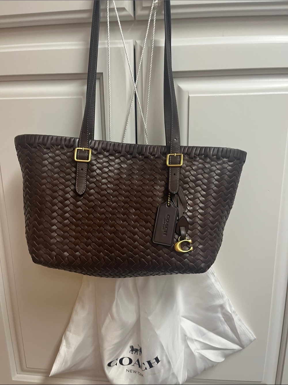 Coach Woven Leather Tote in Dark Brown with Gold Hardware